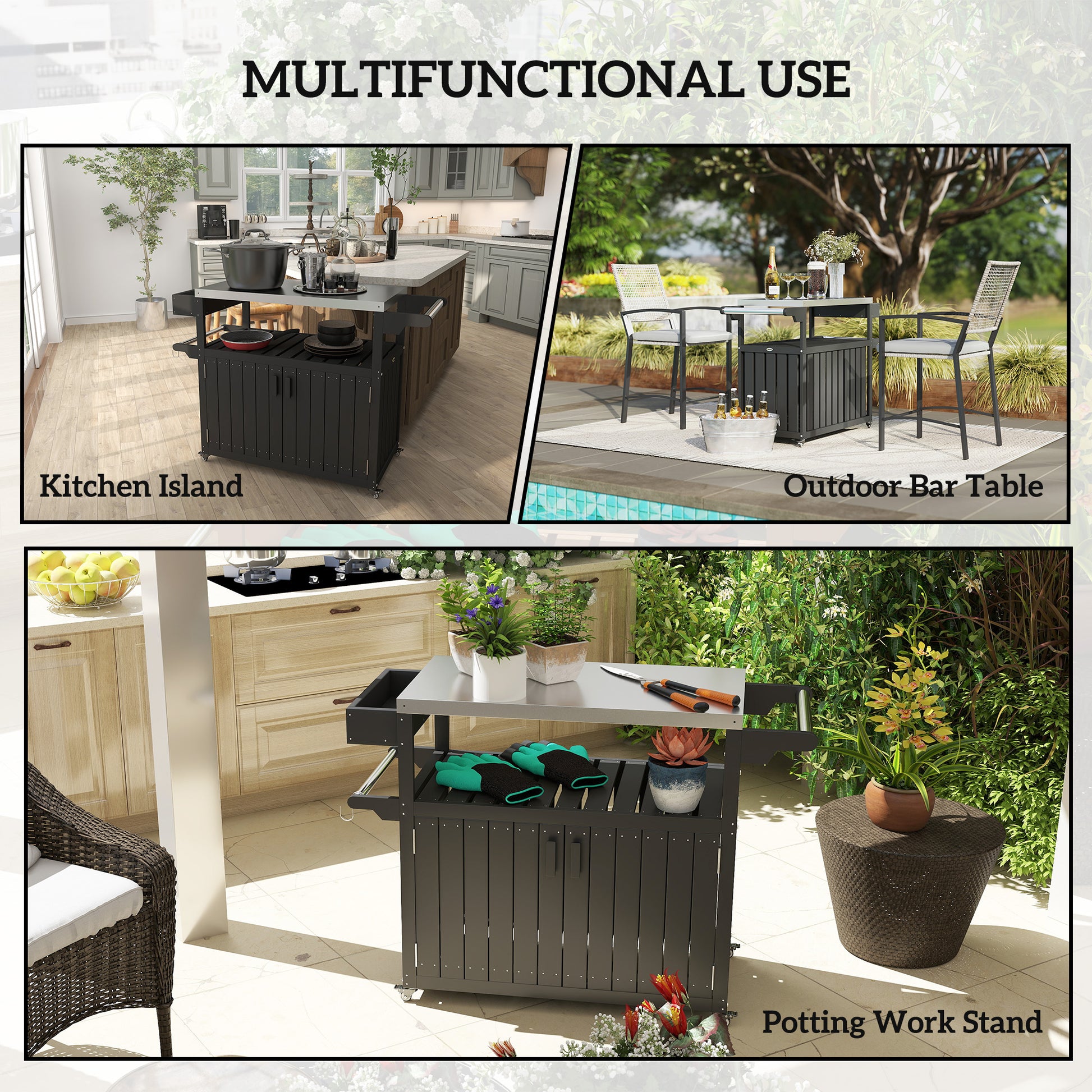 Outdoor Bar Cart with Storage, Stainless Steel Outdoor Bar Table Top, Wheeled HDPE Kitchen Island for Food Prep, Black