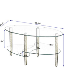 Transparent Oval Glass Coffee Table Modern Table Wood Leg Tea Table 3-layer