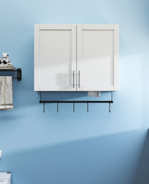 Bathroom Wall Cabinet With Adjustable Shelf, Towel Bar, 5 Hooks, Over The Toilet Storage Cabinet For Bathroom, Kitchen, White