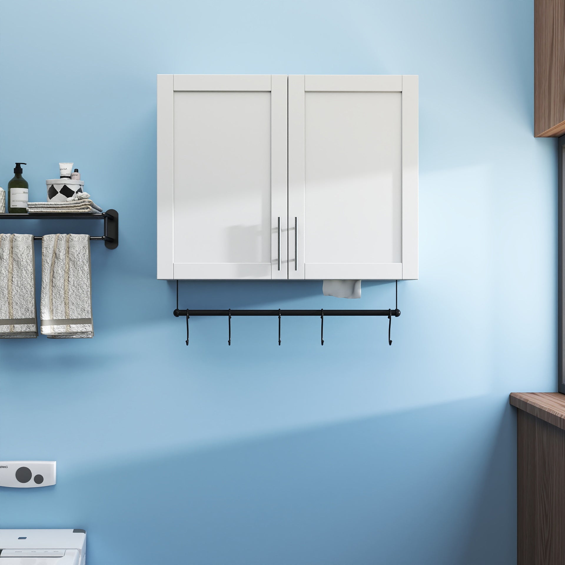 Bathroom Wall Cabinet With Adjustable Shelf, Towel Bar, 5 Hooks, Over The Toilet Storage Cabinet For Bathroom, Kitchen, White