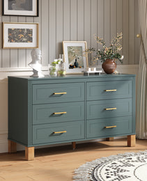 6-Drawer Double Dresser In Green, Modern Storage Cabinet With Metal Handles & Solid Wood Legs, Dresser Drawer Organizer For Kids Bedroom, Heavy-Duty Wooden Dresser With Pre-Installed