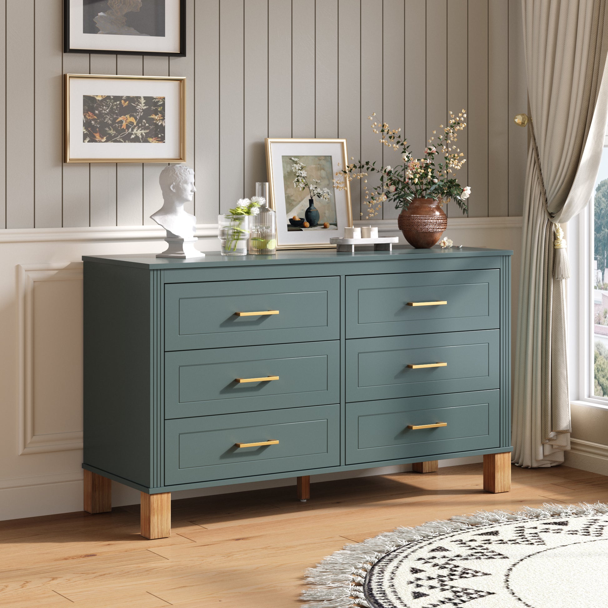 6-Drawer Double Dresser In Green, Modern Storage Cabinet With Metal Handles & Solid Wood Legs, Dresser Drawer Organizer For Kids Bedroom, Heavy-Duty Wooden Dresser With Pre-Installed