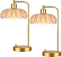 Pink Table Lamp Set of 2,Small Gold Bedside Lamps Dimmable Boho Bedroom Lamp with Tulip Flower Glass Lamp Shade,Vintage Mid Century Modern Mini Nightstand Lamp for Bedroom Living Room