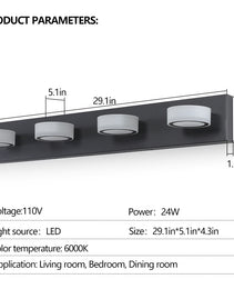 29in  Modern 4-Light LED Vanity Light, Sleek Black Bathroom Wall Light Fixture For Mirror, Shower, And Bathroom Decor