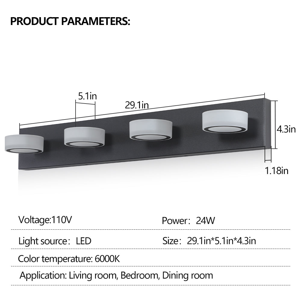 29in  Modern 4-Light LED Vanity Light, Sleek Black Bathroom Wall Light Fixture For Mirror, Shower, And Bathroom Decor