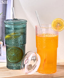 20 Oz 2-pack Glass Straw Cup With Vertical Pattern Cup And Lid, High Borosilicate Heat-resistant Glass Cup For Juice, Milk And Cold Drinks
