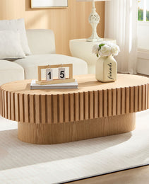 43.70Inch Modern Handcraft Drum Coffee Table Oval Coffee Table For Living Room,Small Wooden Coffee Table With Sturdy Pedestal For Office,ASH Color
