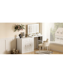 59Makeup Vanity Desk With Mirror, Vanity Mirror With Lights, Dressing Table With 3 Drawers And 2 Cabinets, Vanity Table With Storage Shelves For Bedroom, White - CJDS
