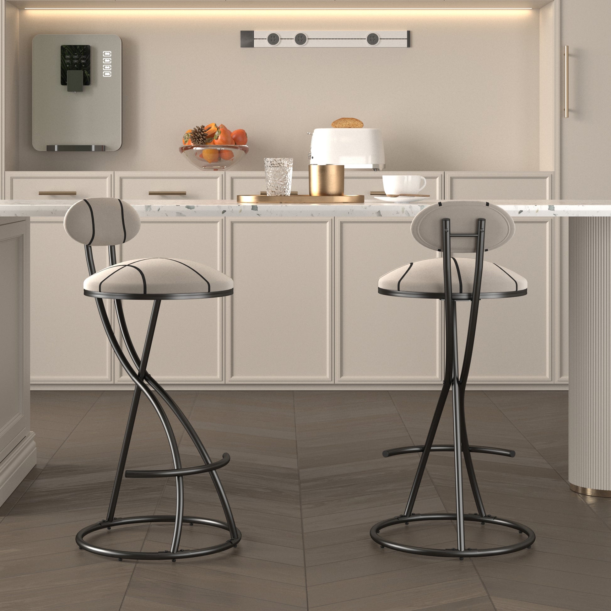Upholstered Bar Stools Set Of 2 Striped Counter Height Barstools Modern Velvet Dining Chairs For Kitchen Island, Living Room Black  Stripe