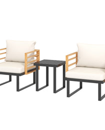3 Piece Metal Bistro Set, Small Patio Furniture Set With Cushions, Armchairs, Slatted Table For Backyard Balcony, Beige
