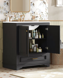 30 Luxurious Bathroom Vanity With Ceramic Sink, Bathroom Vanities Cabinet With 2 Large Soft Closing Doors, Solid Wood Frame Bathroom Storage Cabinet