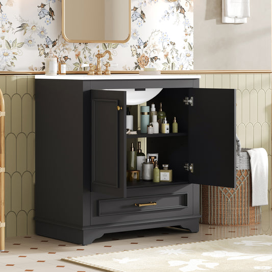 30 Luxurious Bathroom Vanity With Ceramic Sink, Bathroom Vanities Cabinet With 2 Large Soft Closing Doors, Solid Wood Frame Bathroom Storage Cabinet
