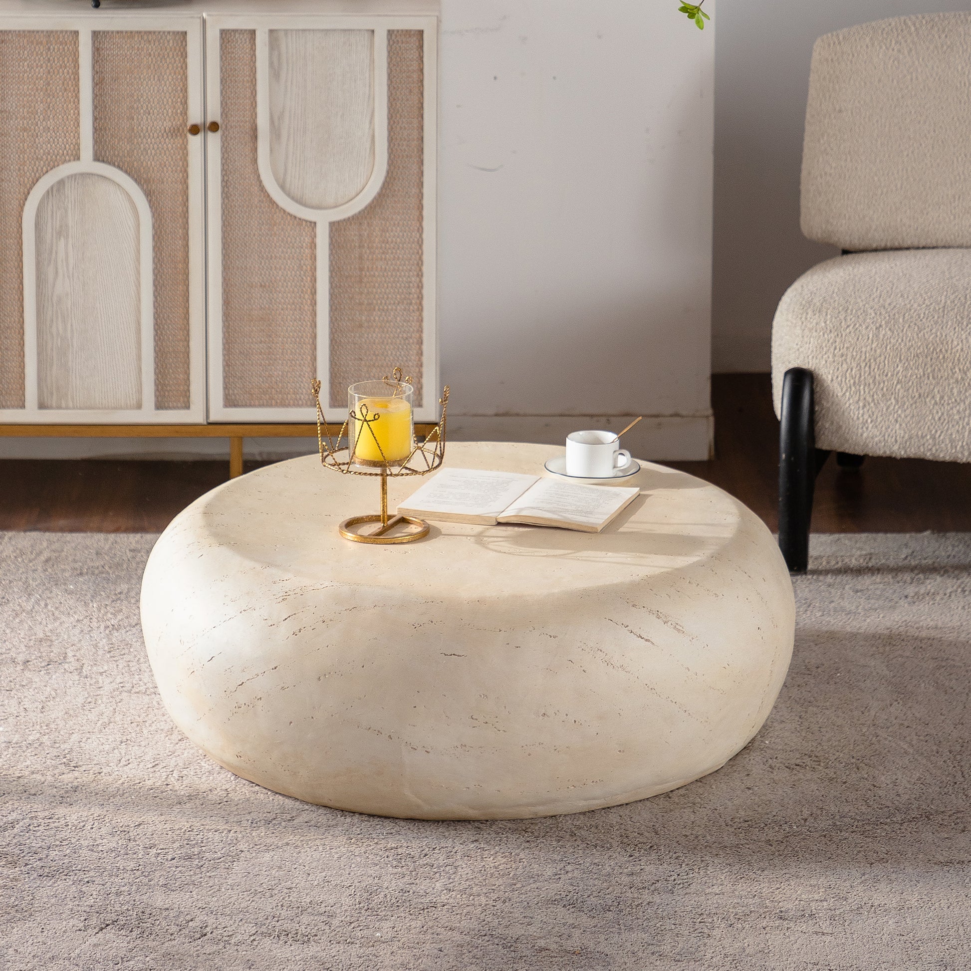 MgO Mid-Century Round Centre Coffee Table Vintage Faux Stone Sofa Pre-Modern Coffee Tables Beige Coffee Table For Living Room Office Apartment