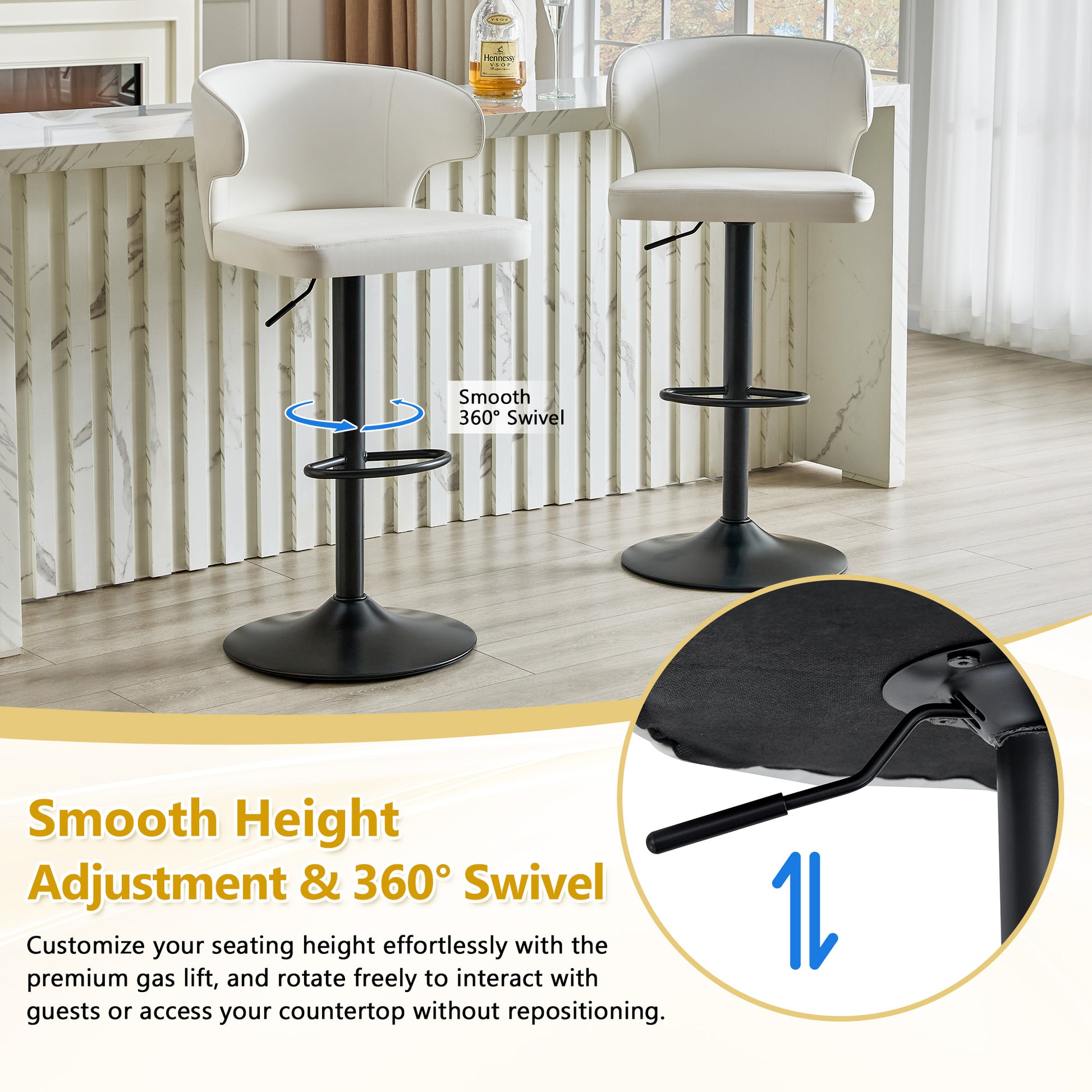 Modern Rotating Adjustable Bar Chair, PU Leather Belt Backrest Swivel Chair, Suitable For Kitchen Bar Counter And Dining Room, Adjustable Height, Capable Of Bearing 300 Pounds  White -2 Pieces