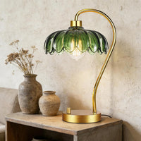 Flower Table Lamp for Bedroom Living Room,Small Gold Bedside Lamps Dimmable Boho Bedroom Lamp with Glass Green Lamp Shade,Vintage Mid Century Modern Mini Nightstand Lamp