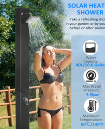 10.6 Gallons Solar Heated Shower with Free-Rotating Shower Head, Temperature Adjustment & Foot Shower, 2-Section Outdoor Shower for Backyard Poolside Beach Pool Spa, 7ft