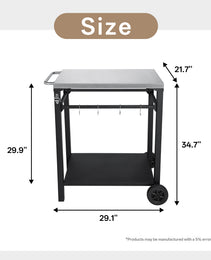 2-Tier Outdoor Grill Cart With Stainless Steel Top, Large Wheels & Tool Hooks, Movable BBQ Prep Table, Rolling Serving Bar Cart For Patio, Backyard, Pizza Oven Stand, Black