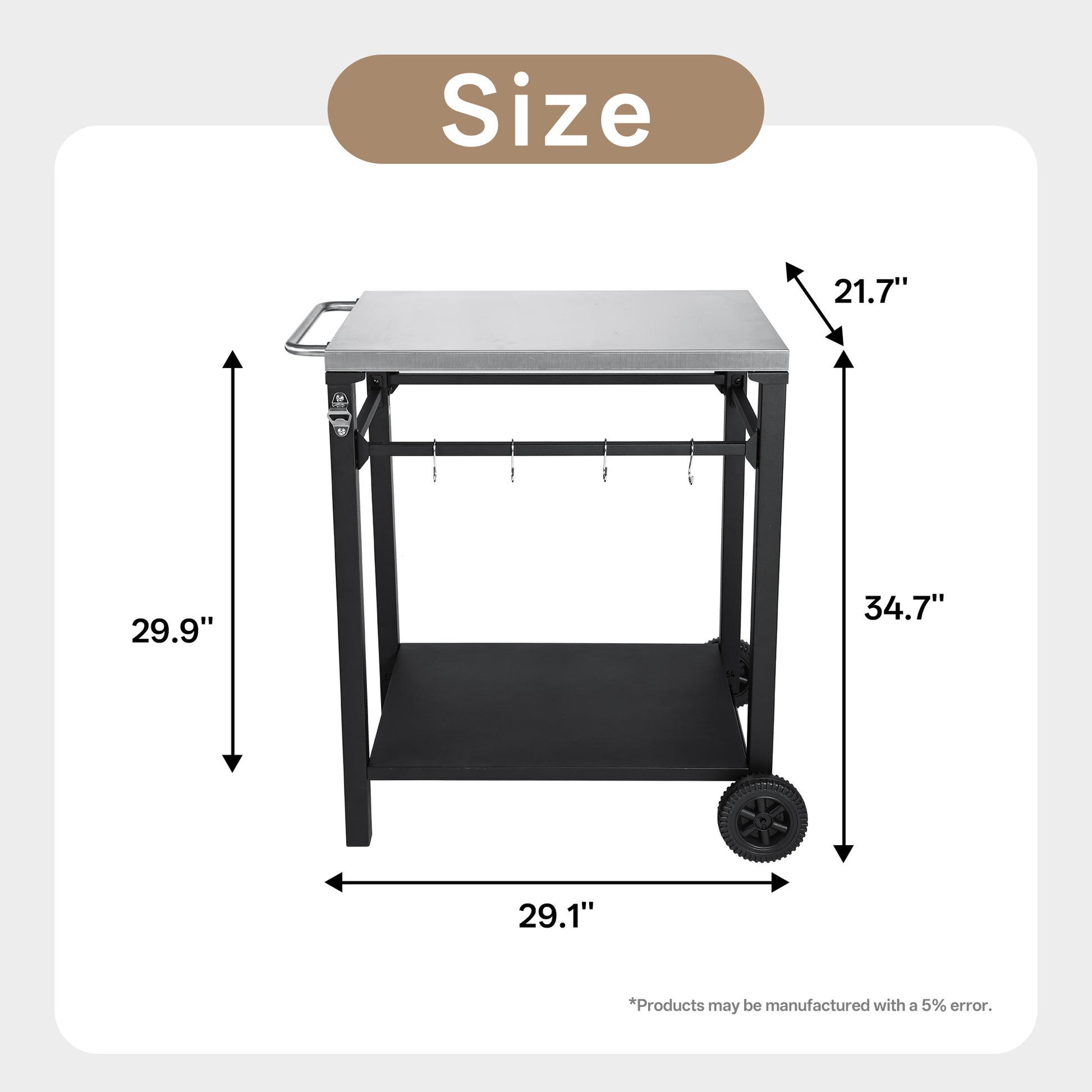 2-Tier Outdoor Grill Cart With Stainless Steel Top, Large Wheels & Tool Hooks, Movable BBQ Prep Table, Rolling Serving Bar Cart For Patio, Backyard, Pizza Oven Stand, Black