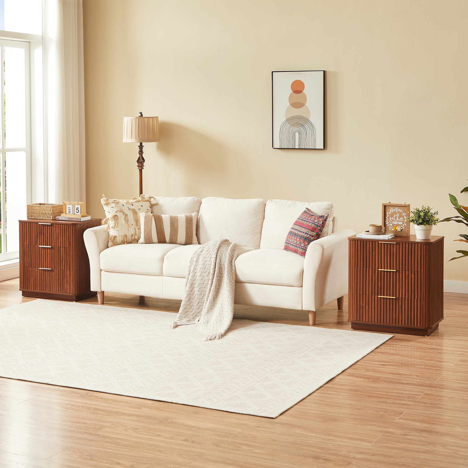 3 Drawers Nightstand Set Of 2, 23.6  Wide Modern Chest Of Drawers Curved Wave Design, Nightstand, Wood Drawer Organizer For Bedroom, Living Room, Hallway, Walnut,23.6 W X 15 D X 25.2 H.