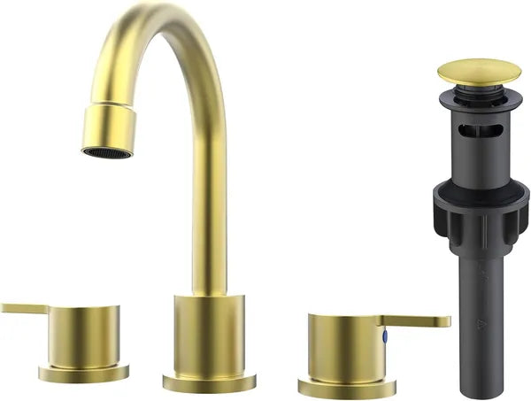 Widespread Bathroom Sink Faucet Brushed Gold 2 Handle 8 Inch 3 Hole 360' Swivel Spout Vanity Sink With Pop Up Drain Assembly-Unable Ship On Weekends, TK And TEMU Only For Pickup