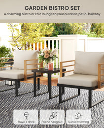 3 Piece Metal Bistro Set, Small Patio Furniture Set With Cushions, Armchairs, Slatted Table For Backyard Balcony, Beige