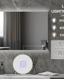 Bathroom Mirror Cabinet with Light, Bathroom Storage Cupboard with USB Charge, Adjustable Shelf, 35.5"W x 25.5"H, White