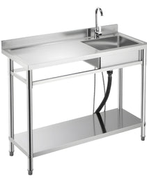 Stainless Steel Utility Sink, Free Standing Single Bowl Commercial Kitchen Sink With Faucet, Utility Left Basin Workbench With Hot & Cold Water Pipe For Garage Restaurant Laundry, 47x19.7x37 In