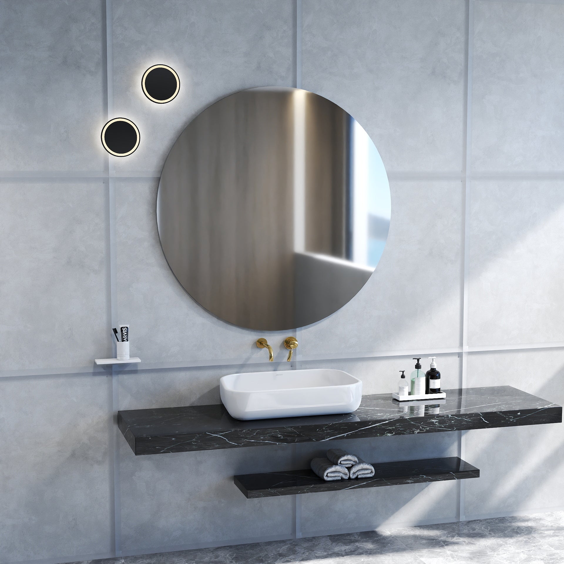70cm Bathroom Mirror, Round Mirror, Matte White Backboard