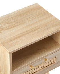 Rattan End Table With Drawer Solid Wood Legs Modern Nightstand Side Table