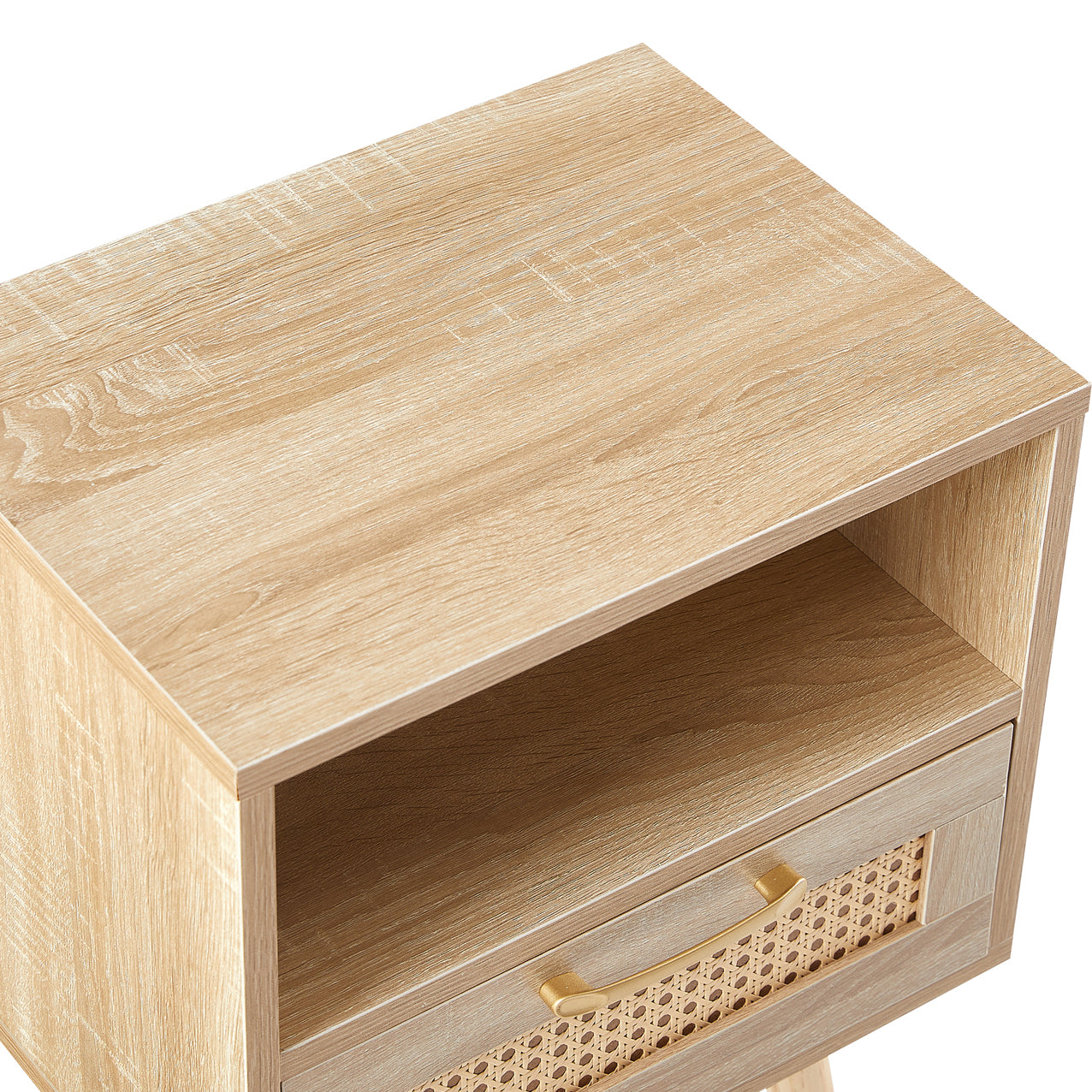 Rattan End Table With Drawer Solid Wood Legs Modern Nightstand Side Table