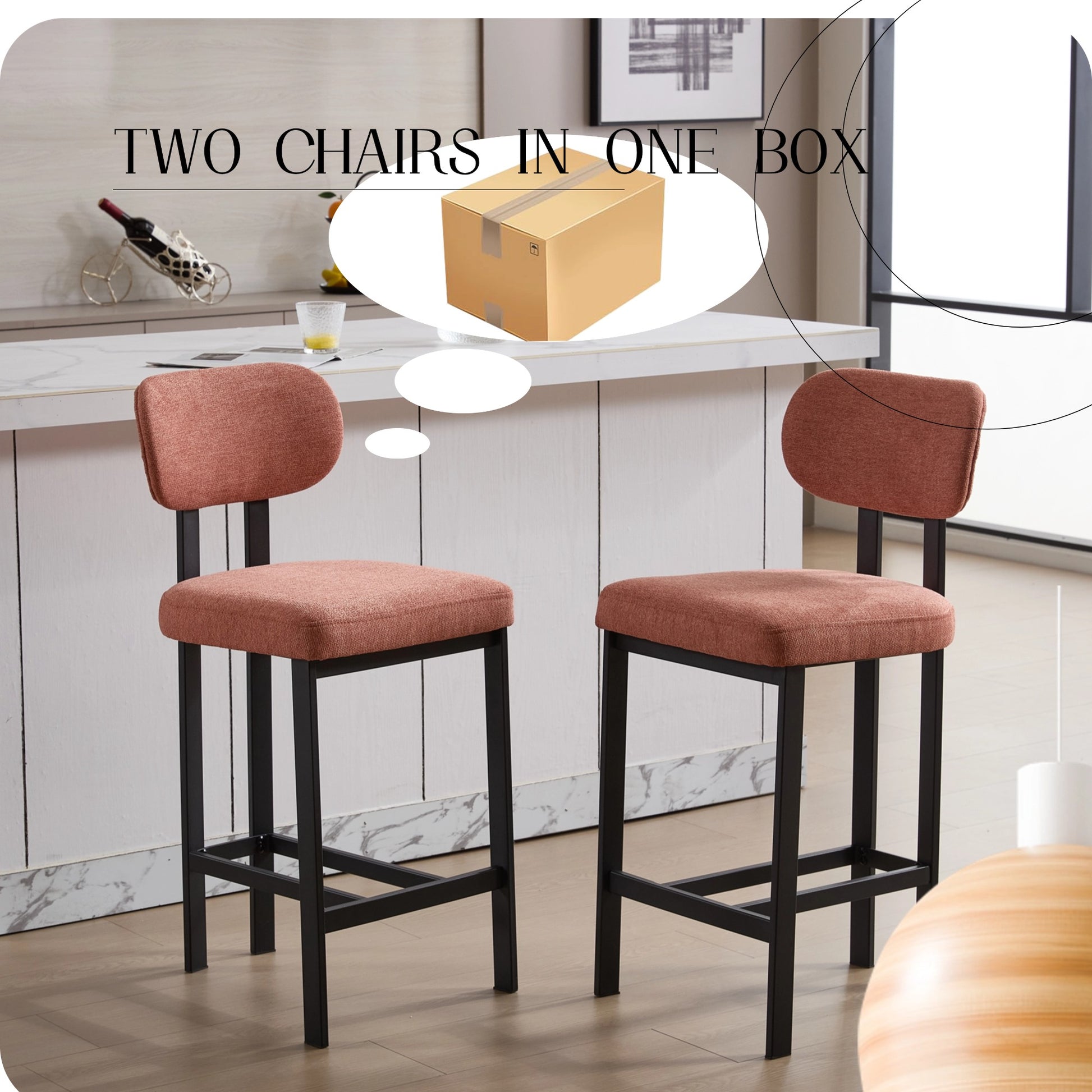 Bar Stools Set Of 2, 26 Inch Modern Upholstered Fabric Counter Height Barstools, Kitchen Island Chairs With Black Metal Legs For Dining Room Kitchen Island Bar