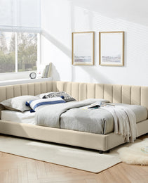 Full Size Upholstered Tufted Bed Frame, Sofa Bed Frame With Comfortable Backrest And Armrests, Full Size Bed For Bedroom, Living Room,Velvet-Beige 81x60x29.5