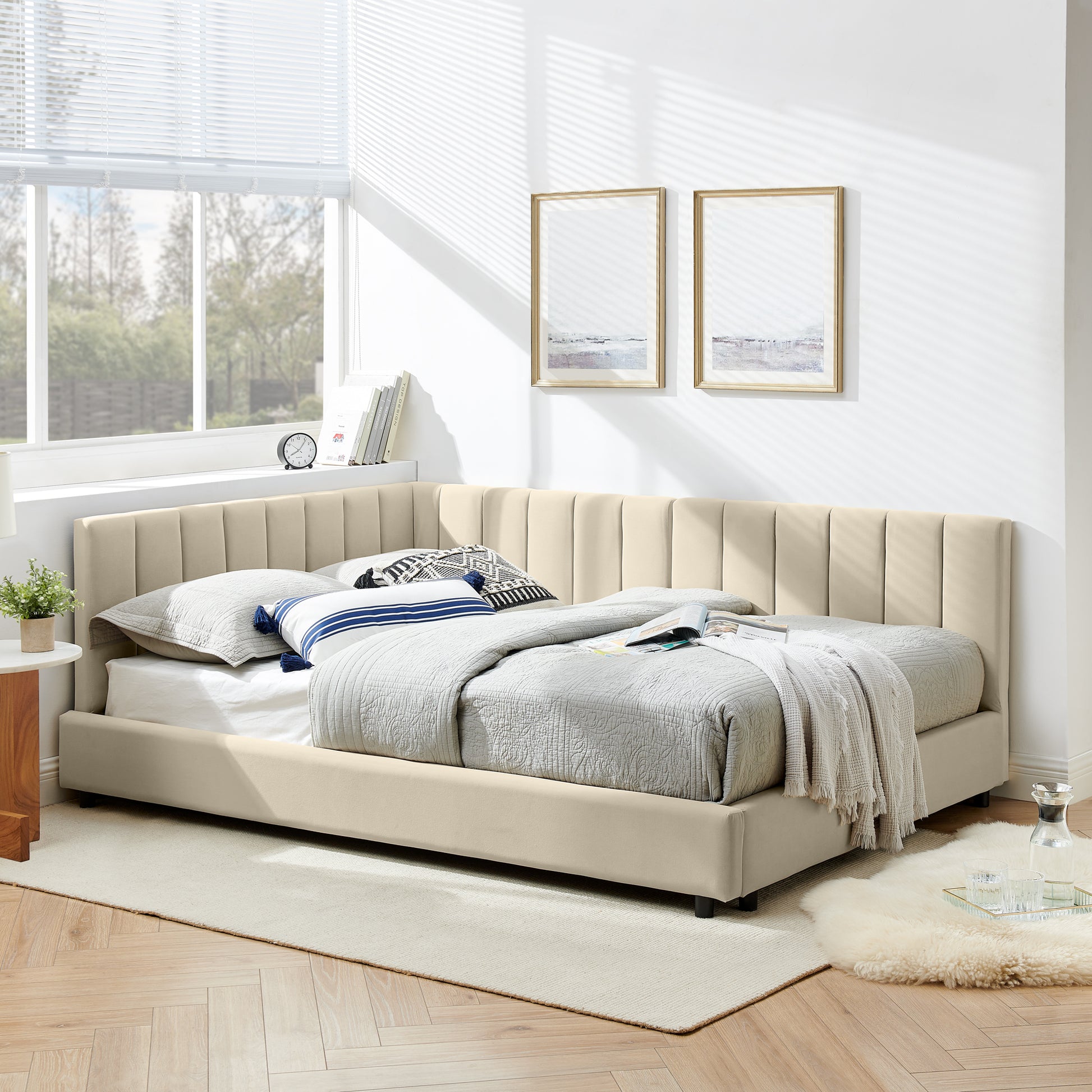 Full Size Upholstered Tufted Bed Frame, Sofa Bed Frame With Comfortable Backrest And Armrests, Full Size Bed For Bedroom, Living Room,Velvet-Beige 81x60x29.5