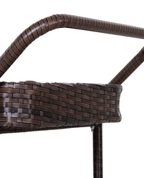 PE Rattan Outdoor Bar Table, Outdoor Kitchen Island with 2-Tier Shelf, Wheeled Patio Serving Cart with Brakes for Poolside, Garden, Brown