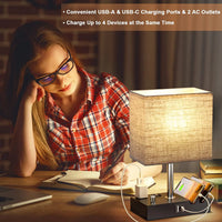 (3 Pack)  Bedside Table Lamp for Bedroom with Dual Fast USB Charging Ports, Fully Dimmable Nightstand Lamps with 2 Phone Stands and 2 Charging Outlets, Desk Lamp with Fabric Shade for Living Room