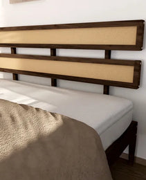 Double Rattan Woven Headboard, Bohemian Style, Painted Finish, Pine Wood, Dark Walnut Color, Queen Size Wooden Bed