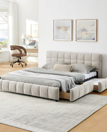 Queen Size Upholstered Bed ,comfortable Upholstered Bed Frame, Chenille Fabric, With Headboard And Solid Bed Frame. With Drawer For Storage.-Beige 88.5x68.5x31