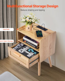 Rattan Nightstand, Boho Bedside Table With Drawer Open Shelf, Rattan End Table Wooden Nightstand With Solid Wood Legs, Rattan Side Table With Charging Station, For Bedroom, Study & Living Room