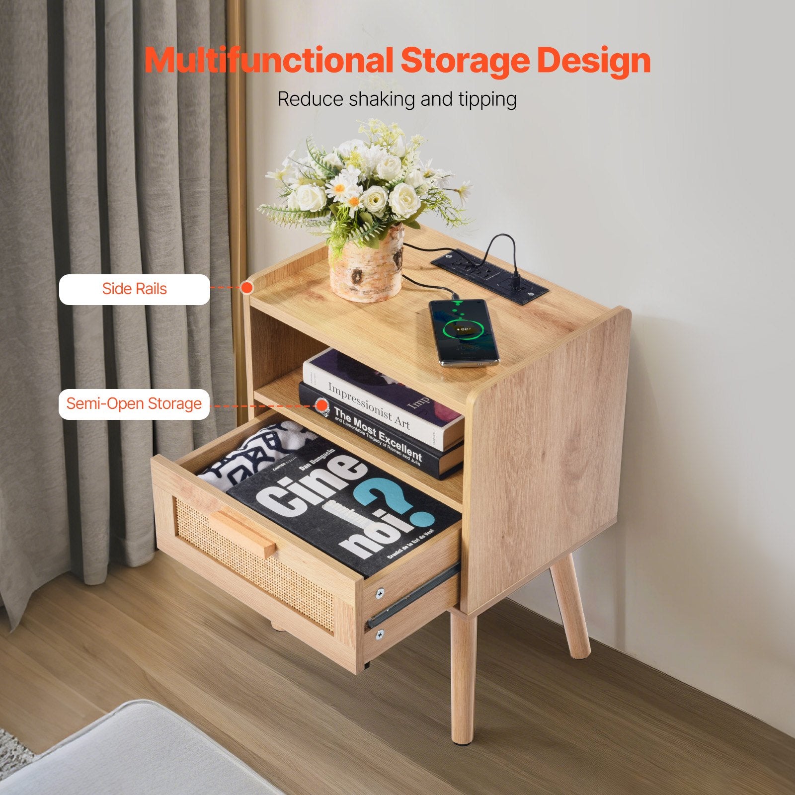 Rattan Nightstand, Boho Bedside Table With Drawer Open Shelf, Rattan End Table Wooden Nightstand With Solid Wood Legs, Rattan Side Table With Charging Station, For Bedroom, Study & Living Room