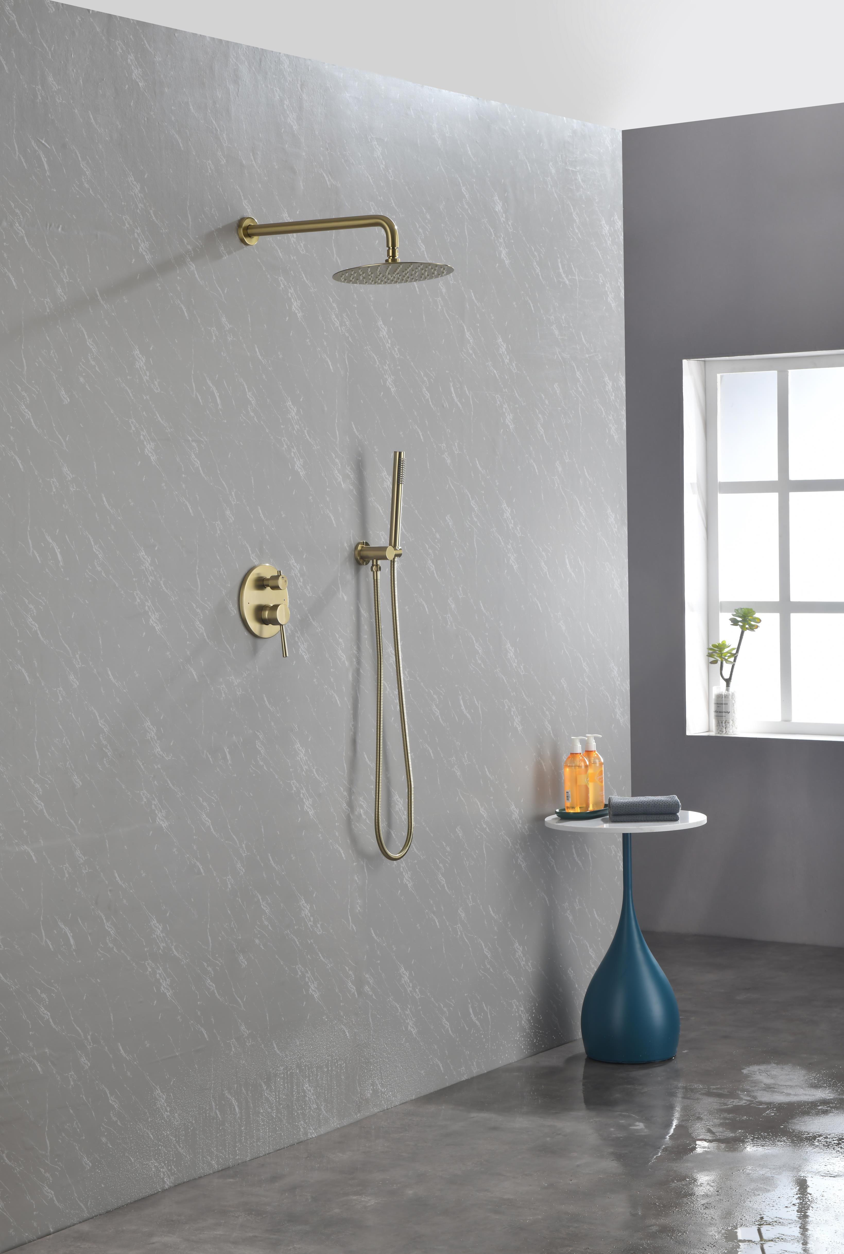 Shower System, Wall Mounted Shower Faucet Set For Bathroom With High Pressure 10 Stainless Steel Rain Shower Head Handheld Shower Set, 2 Way Pressure Balance Shower Valve Kit, Brushed Gold