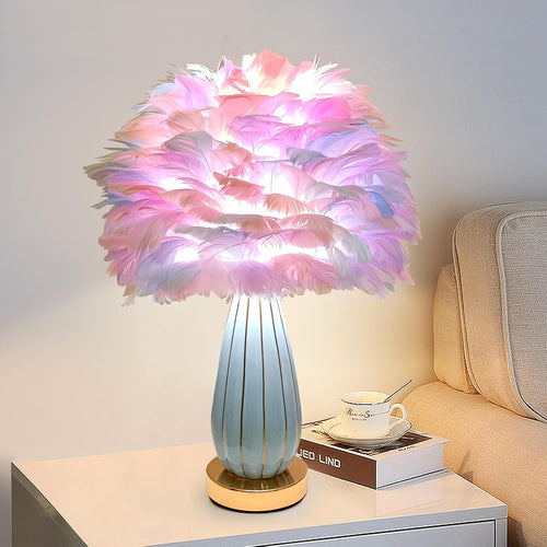 Colorful Feather Lamp Modern Feather Table Lamp Nordic Fluffy Bedside Lamp Cute Princess Desk Lamp for Kid Girl Bedroom Living Room Entry Office Nursery Wedding Decoration Gift