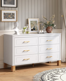 6-Drawer Double Dresser In White, Modern Storage Cabinet With Metal Handles & Solid Wood Legs, Dresser Drawer Organizer For Kids Bedroom, Heavy-Duty Wooden Dresser With Pre-Installed