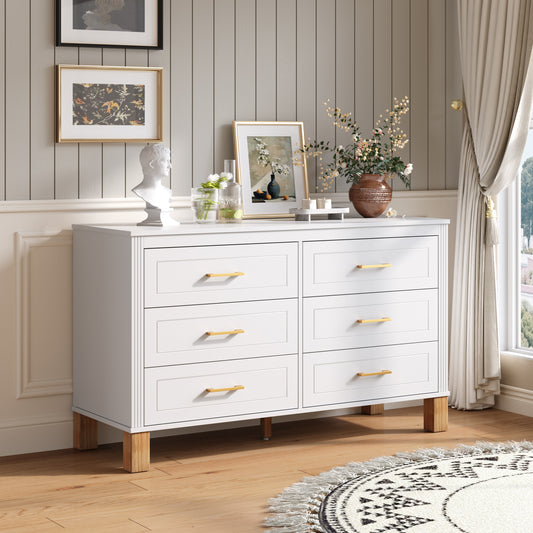 6-Drawer Double Dresser In White, Modern Storage Cabinet With Metal Handles & Solid Wood Legs, Dresser Drawer Organizer For Kids Bedroom, Heavy-Duty Wooden Dresser With Pre-Installed