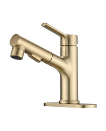 Bathroom Sink Faucet With Pull Out Sprayer, Single Handle Modern Bathroom Basin Faucet With Pop-up Sink Drain Stopper & Deck Plate,Brushed Gold