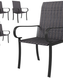 Set of 4 Outdoor Wicker Dining Chairs with Armrest, Steel Frame, Highback and Deep Seating, Brown
