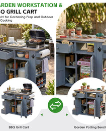 TOPMAx Outdoor Solid Wood Extendable 19.3  28  Kitchen Island  Stainless Steel Top Grill Table With Side Spice Rack  Kitchen Cart With Drawers  Storage Cabinet For Backyard  BBQ Party  Gray