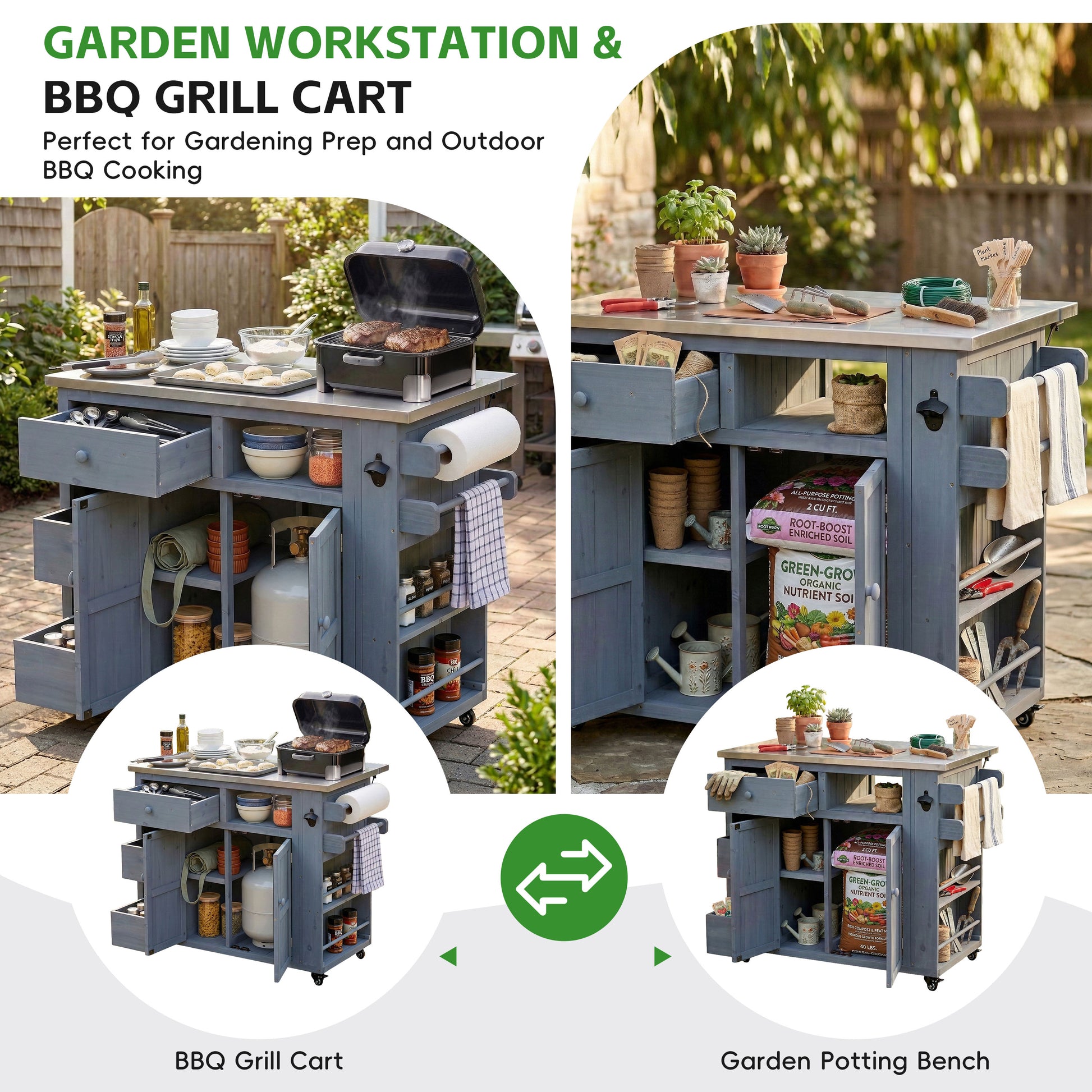 TOPMAx Outdoor Solid Wood Extendable 19.3  28  Kitchen Island  Stainless Steel Top Grill Table With Side Spice Rack  Kitchen Cart With Drawers  Storage Cabinet For Backyard  BBQ Party  Gray