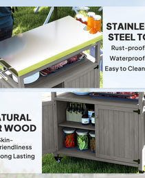 Outdoor Grill Cart w/ Stainless Steel Top, Solid Wood Outdoor Kitchen Island w/ Wheels, Storage Cabinets, Gray