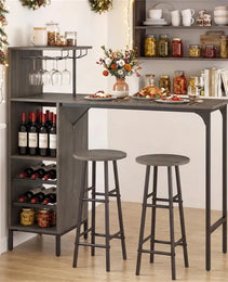 3PCS Bar Table & Stools Set, Wine Storage (6 Bottles + Wine Glass Holder), Oak