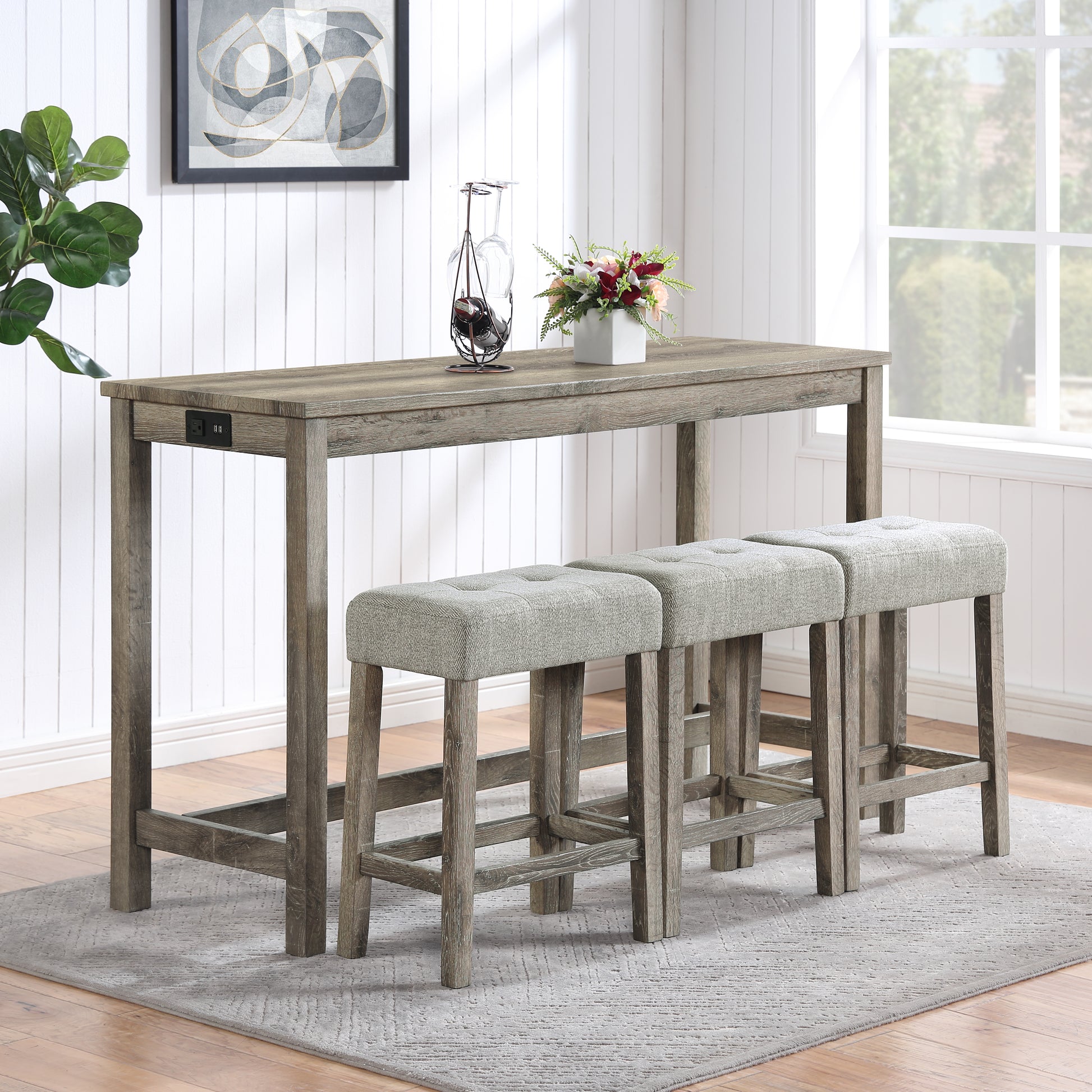 Bar Table Set With Power Outlet, Bar Table And Chairs Set, 4 Piece Dining Table Set, Industrial Breakfast Table Set, For Living Room, Dining Room, Game Room,